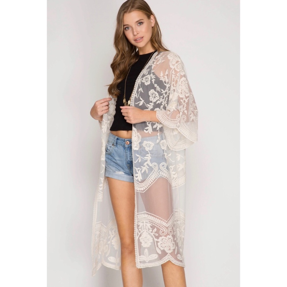 She + Sky Crochet Lace Midi Duster Kimono - Black - Picture 6 of 8